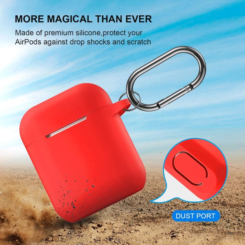 ATUAT Compatible with AirPods Case Cover, Full Protective Silicone Skin Dust-Proof Designed for Apple AirPods 1st 2nd Generation with Keychain, Front LED Visible, Red - Image 2